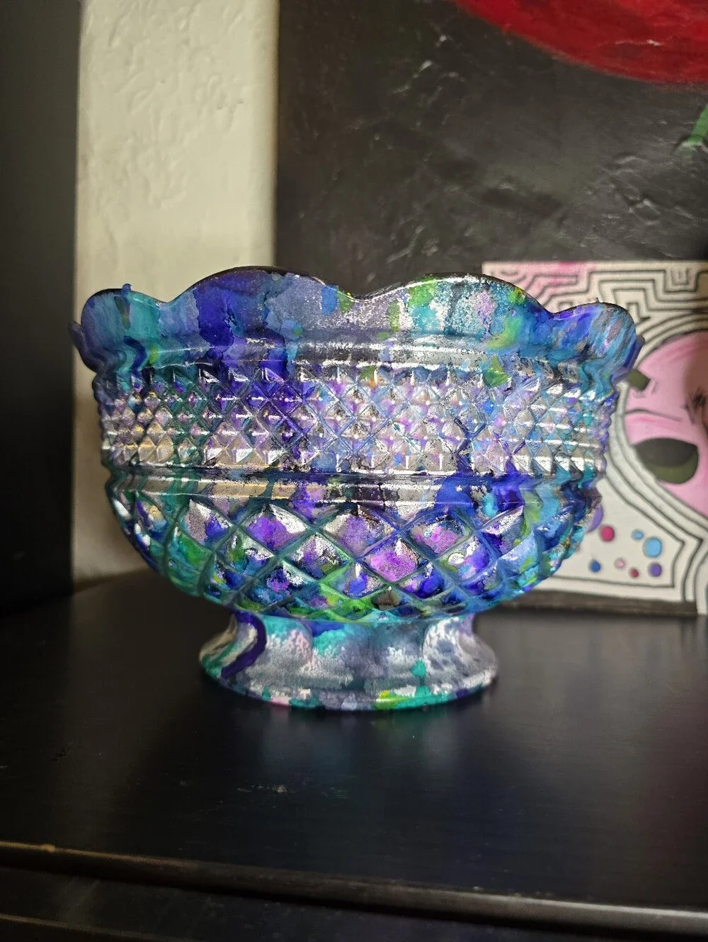 HANDCRAFTED Upcycled Glass Bowl HANDPAINTED Decorative Etched Glass Bowl W Stem